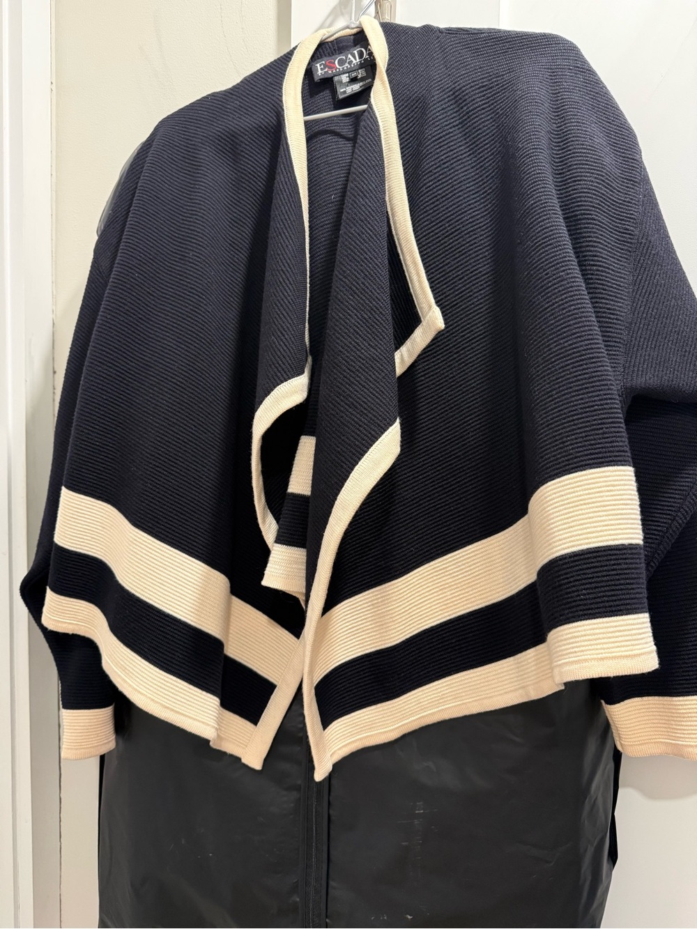 Escada New Wool Sweater, Black & cream, Open Front With Arm Holes Size 38, Med